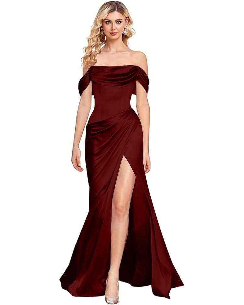 Off Shoulder Prom Dresses for Women Long Mermaid Evening Dresses Satin High Split Bridemaid Dresses Burgundy $14.78 Dresses