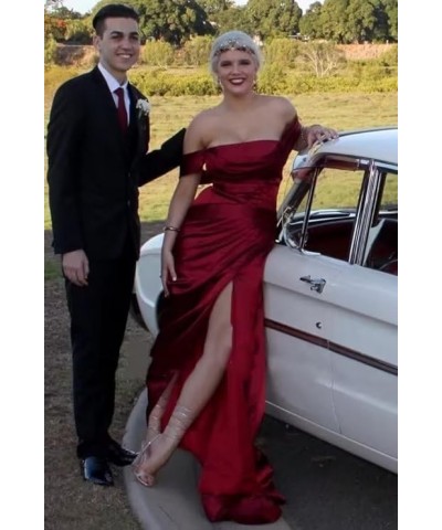 Off Shoulder Prom Dresses for Women Long Mermaid Evening Dresses Satin High Split Bridemaid Dresses Burgundy $14.78 Dresses