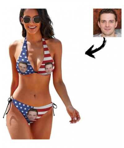 Personalized Face on Two Piece Bikini Sets for Women Leopard Pattern Side Tie Bottom Sexy Triangle Swimsuit American Flag 2 $...