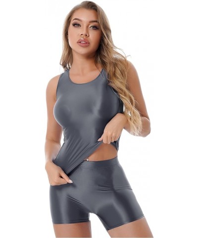 Women's Glossy Opaque Swimwear Yoga Suits Shiny Shorts Pants Training Sports Tank Top Fitness Grey $10.64 Swimsuits