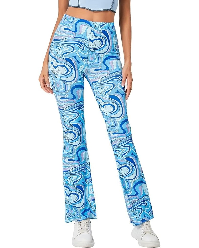 Women's Floral Print Elastic Waist Flare Leg Pants Stretchy Casual Long Pants Marble Blue $20.05 Pants