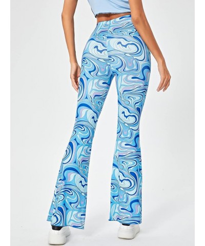 Women's Floral Print Elastic Waist Flare Leg Pants Stretchy Casual Long Pants Marble Blue $20.05 Pants