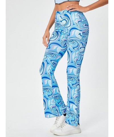 Women's Floral Print Elastic Waist Flare Leg Pants Stretchy Casual Long Pants Marble Blue $20.05 Pants