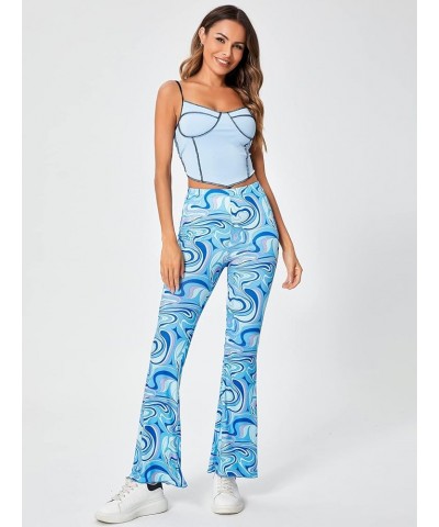 Women's Floral Print Elastic Waist Flare Leg Pants Stretchy Casual Long Pants Marble Blue $20.05 Pants