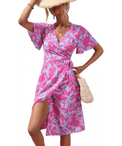 Women's Short Sleeve Tie Side Dress V Neck Floral Print A Line Ruffle Midi Dresses Blue Pink $10.00 Dresses