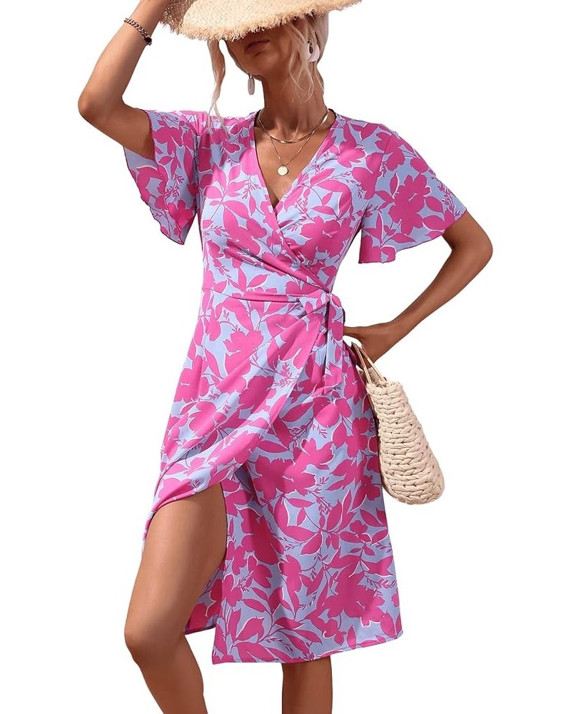 Women's Short Sleeve Tie Side Dress V Neck Floral Print A Line Ruffle Midi Dresses Blue Pink $10.00 Dresses