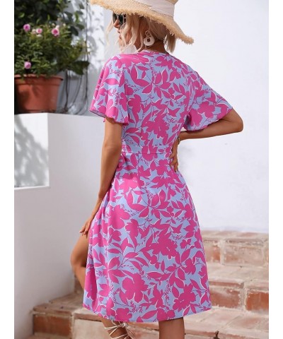 Women's Short Sleeve Tie Side Dress V Neck Floral Print A Line Ruffle Midi Dresses Blue Pink $10.00 Dresses