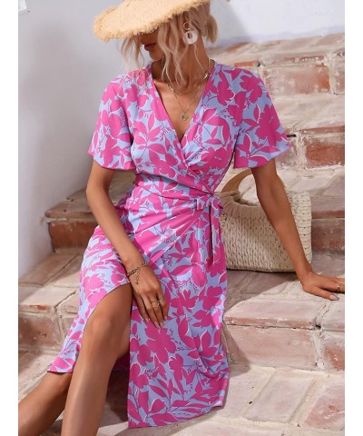 Women's Short Sleeve Tie Side Dress V Neck Floral Print A Line Ruffle Midi Dresses Blue Pink $10.00 Dresses