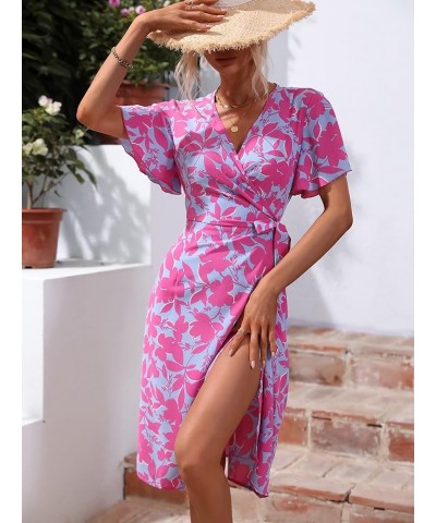 Women's Short Sleeve Tie Side Dress V Neck Floral Print A Line Ruffle Midi Dresses Blue Pink $10.00 Dresses