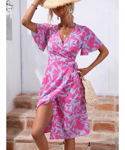 Women's Short Sleeve Tie Side Dress V Neck Floral Print A Line Ruffle Midi Dresses Blue Pink $10.00 Dresses