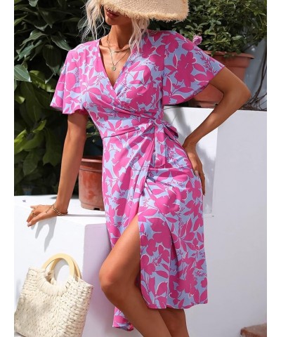 Women's Short Sleeve Tie Side Dress V Neck Floral Print A Line Ruffle Midi Dresses Blue Pink $10.00 Dresses