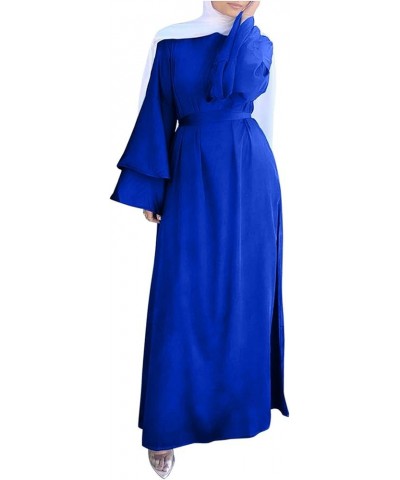 Women's Muslim Ramadan Dresses,Women's Fashion Solid Color O-Neck Long Sleeve Satin Soft Waist and Ankle Dress Blue $9.97 Dre...