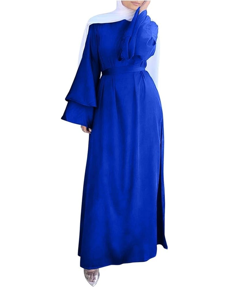 Women's Muslim Ramadan Dresses,Women's Fashion Solid Color O-Neck Long Sleeve Satin Soft Waist and Ankle Dress Blue $9.97 Dre...