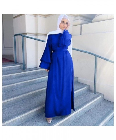 Women's Muslim Ramadan Dresses,Women's Fashion Solid Color O-Neck Long Sleeve Satin Soft Waist and Ankle Dress Blue $9.97 Dre...