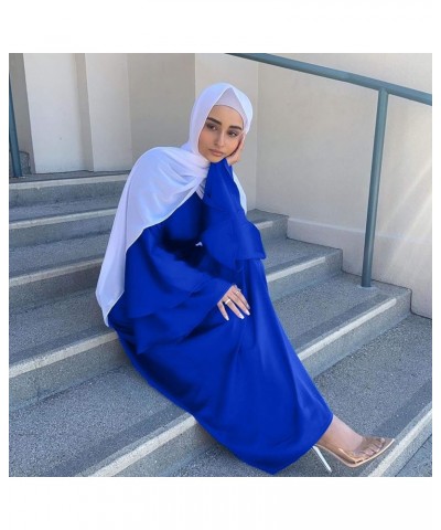 Women's Muslim Ramadan Dresses,Women's Fashion Solid Color O-Neck Long Sleeve Satin Soft Waist and Ankle Dress Blue $9.97 Dre...