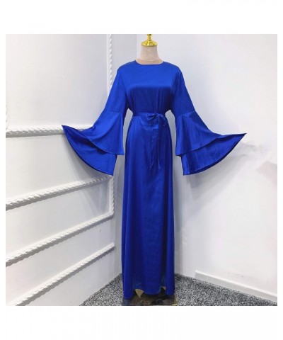 Women's Muslim Ramadan Dresses,Women's Fashion Solid Color O-Neck Long Sleeve Satin Soft Waist and Ankle Dress Blue $9.97 Dre...