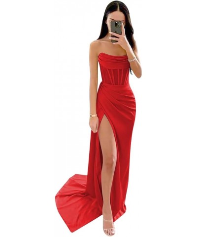 Women's Strapless Mermaid Prom Dresses Long Satin Ball Gown Ruched Corset Formal Evening Dress with Slit Red $32.44 Dresses