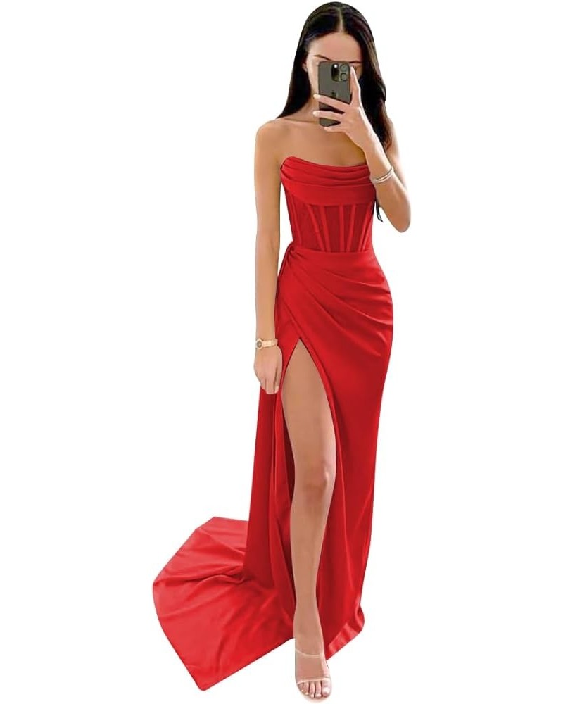 Women's Strapless Mermaid Prom Dresses Long Satin Ball Gown Ruched Corset Formal Evening Dress with Slit Red $32.44 Dresses