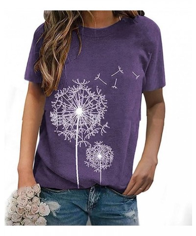 Women's Blouse Round Neck Tshirt Short Sleeve Tops Print Tunic Spring Daily Tops Dressy 2024 Tee 2-purple $7.97 Tops