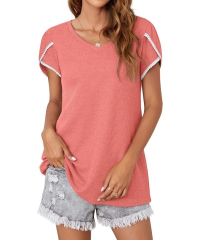 Summer Tops for Women Waffle Knit Casual V Neck T-Shirts Cute Tulip Petal Short Sleeve Tees 16 Lace Coral $7.94 T-Shirts