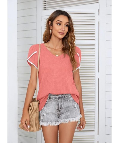 Summer Tops for Women Waffle Knit Casual V Neck T-Shirts Cute Tulip Petal Short Sleeve Tees 16 Lace Coral $7.94 T-Shirts