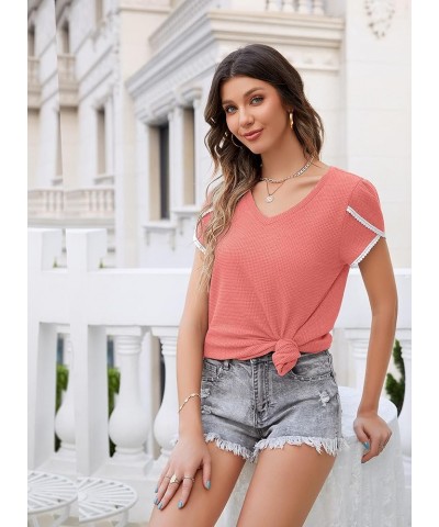 Summer Tops for Women Waffle Knit Casual V Neck T-Shirts Cute Tulip Petal Short Sleeve Tees 16 Lace Coral $7.94 T-Shirts