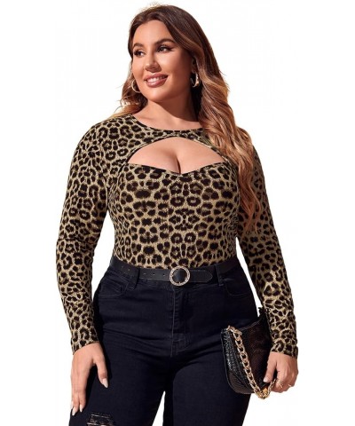 Women's Plus Size Leopard Print Cut Out Long Sleeve Slim Fit Shirt Sexy Tee Top Khaki $17.10 T-Shirts