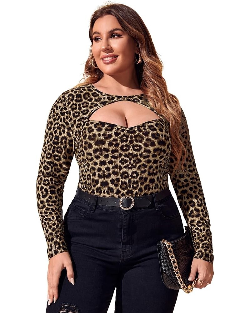 Women's Plus Size Leopard Print Cut Out Long Sleeve Slim Fit Shirt Sexy Tee Top Khaki $17.10 T-Shirts