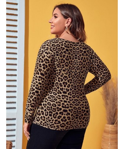 Women's Plus Size Leopard Print Cut Out Long Sleeve Slim Fit Shirt Sexy Tee Top Khaki $17.10 T-Shirts