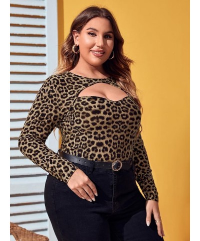 Women's Plus Size Leopard Print Cut Out Long Sleeve Slim Fit Shirt Sexy Tee Top Khaki $17.10 T-Shirts