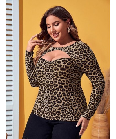 Women's Plus Size Leopard Print Cut Out Long Sleeve Slim Fit Shirt Sexy Tee Top Khaki $17.10 T-Shirts