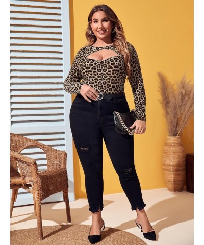 Women's Plus Size Leopard Print Cut Out Long Sleeve Slim Fit Shirt Sexy Tee Top Khaki $17.10 T-Shirts