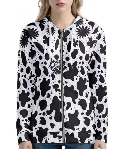 Women's Long Sleeve Hoodies with Pocket, Zip Up Hoodie Drawstring Pullover Sweatshirts Hoodies Size XS-5XL Cow Flower $23.39 ...