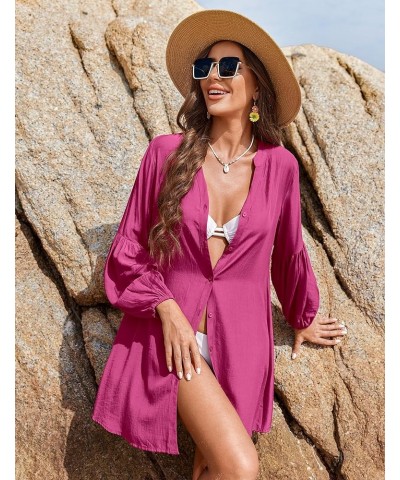 Women Swimsuit Coverup Button Down Cover Up Shirt Lantern Long Sleeve Bathing Suit Cover Ups V-Neck Beach dress S-3XL A-rose ...