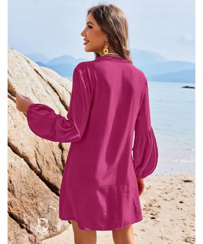 Women Swimsuit Coverup Button Down Cover Up Shirt Lantern Long Sleeve Bathing Suit Cover Ups V-Neck Beach dress S-3XL A-rose ...