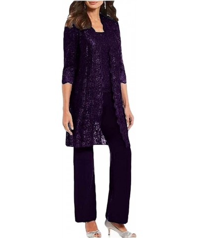 Chic Mother of The Bride Pant Suits 3 Pieces Long Sleeve Chiffon Groom Mother Dress with Jacket Wedding Guest Gown Purple $38...