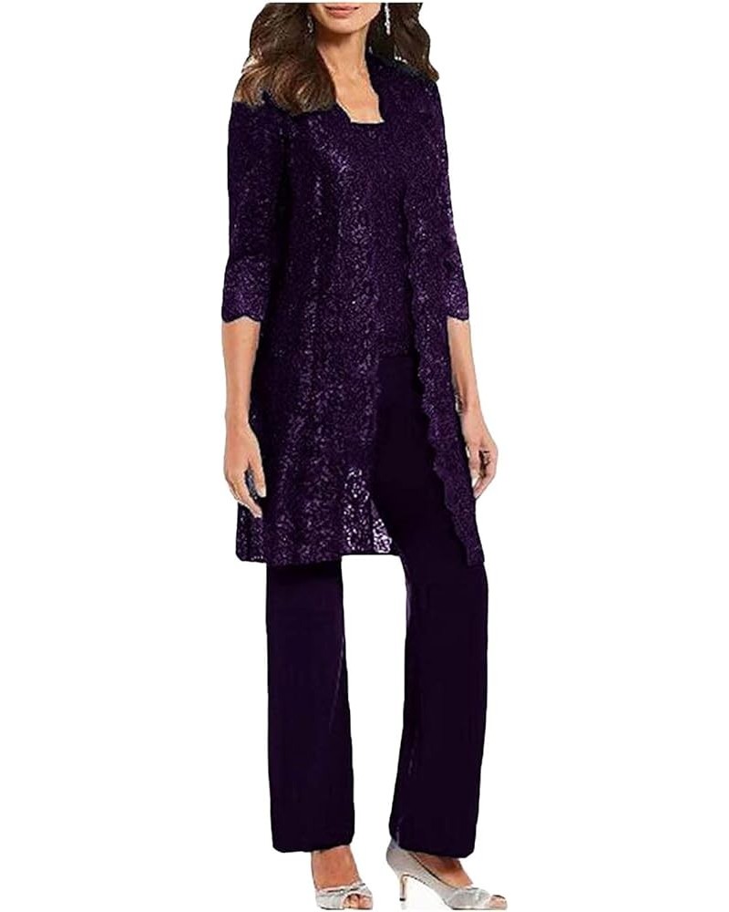 Chic Mother of The Bride Pant Suits 3 Pieces Long Sleeve Chiffon Groom Mother Dress with Jacket Wedding Guest Gown Purple $38...