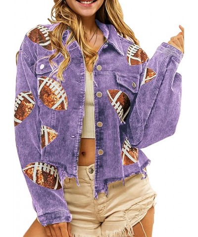 Women's Cropped Corduroy Jacket Game Day Fringe Rugby Sequin Patched Distressed Vintage Button Down Jacket Coat Purple $21.45...