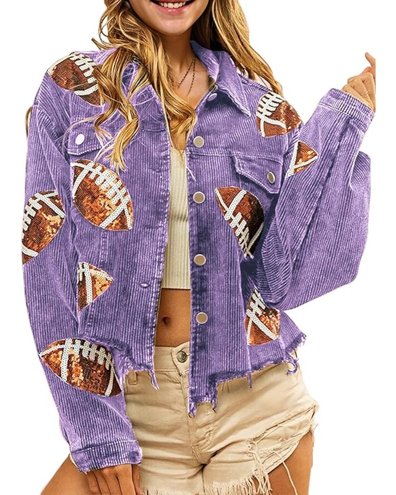 Women's Cropped Corduroy Jacket Game Day Fringe Rugby Sequin Patched Distressed Vintage Button Down Jacket Coat Purple $21.45...