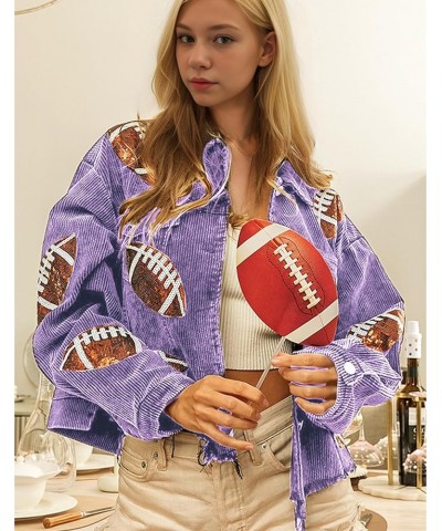 Women's Cropped Corduroy Jacket Game Day Fringe Rugby Sequin Patched Distressed Vintage Button Down Jacket Coat Purple $21.45...