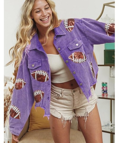 Women's Cropped Corduroy Jacket Game Day Fringe Rugby Sequin Patched Distressed Vintage Button Down Jacket Coat Purple $21.45...