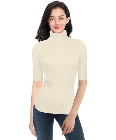 Women Sleeveless High Neck Turtleneck Stretchable Knit Sweater Top Half Sleeve Beige $17.53 Sweaters