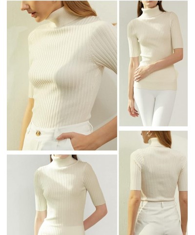 Women Sleeveless High Neck Turtleneck Stretchable Knit Sweater Top Half Sleeve Beige $17.53 Sweaters