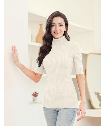 Women Sleeveless High Neck Turtleneck Stretchable Knit Sweater Top Half Sleeve Beige $17.53 Sweaters