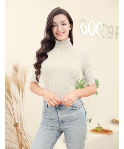 Women Sleeveless High Neck Turtleneck Stretchable Knit Sweater Top Half Sleeve Beige $17.53 Sweaters