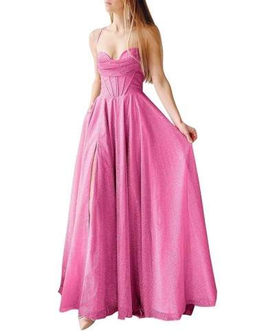 Sequin Prom Dresses for Women 2024 Sparkly Fairy Evening Ball Gown with Slit Long Hot Pink $39.04 Dresses