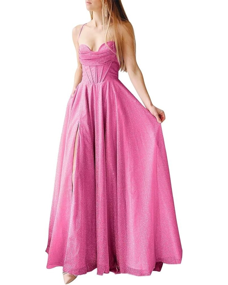 Sequin Prom Dresses for Women 2024 Sparkly Fairy Evening Ball Gown with Slit Long Hot Pink $39.04 Dresses