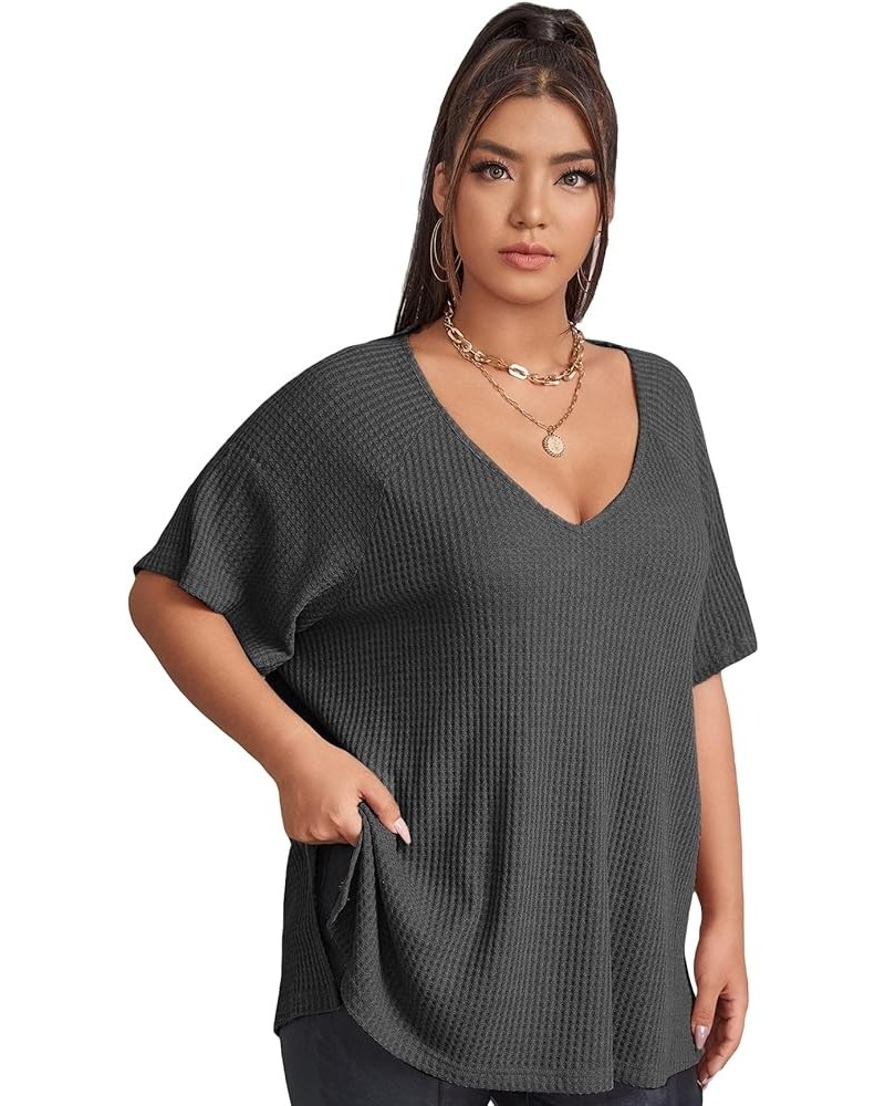 Women's Plus Size V Neck Short Sleeve Tee Split Hem Waffle Knit Oversized Casual Loose Summer Basic T Shirt Tops Pure Dark Gr...