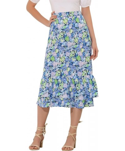 Women's Printed Skirt Chiffon Elastic Waist Ruffle Tiered Flowy Midi Skirts Navy Blue-floral $15.48 Skirts