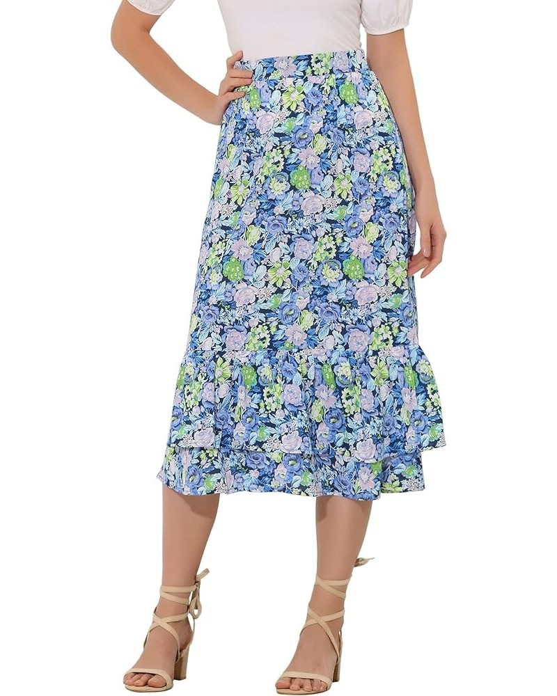 Women's Printed Skirt Chiffon Elastic Waist Ruffle Tiered Flowy Midi Skirts Navy Blue-floral $15.48 Skirts